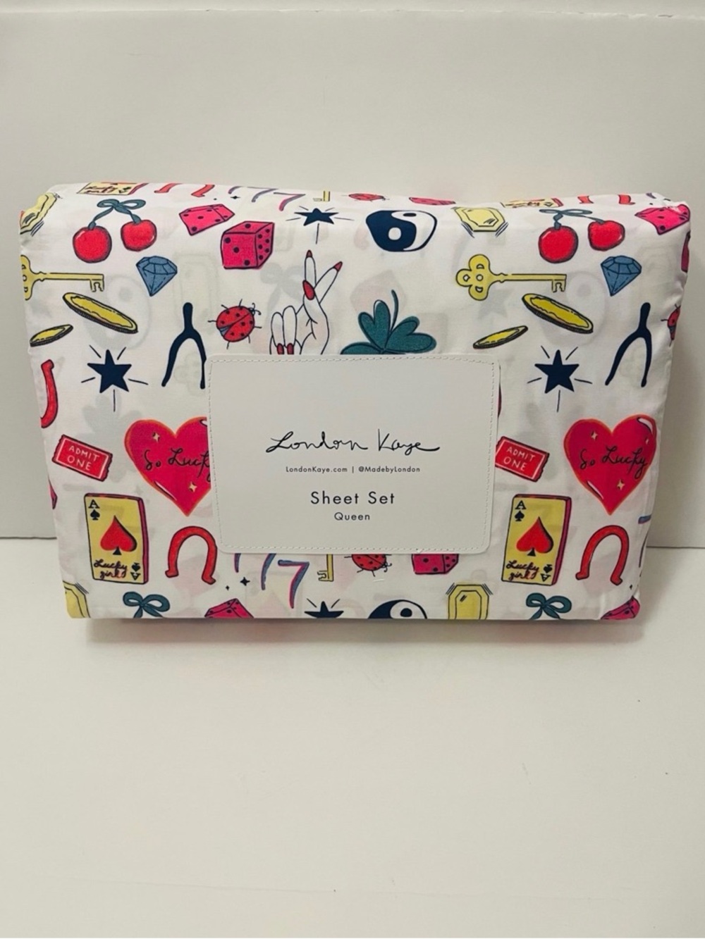 London Kaye Lucky Girl Queen Size Sheet Set Heart Wishbone Ace of Spades Dice